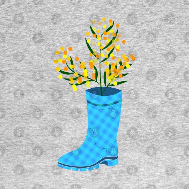 Rubber boots Wellies blue checkered Wellington boots and mimosa flower by Cute-Design